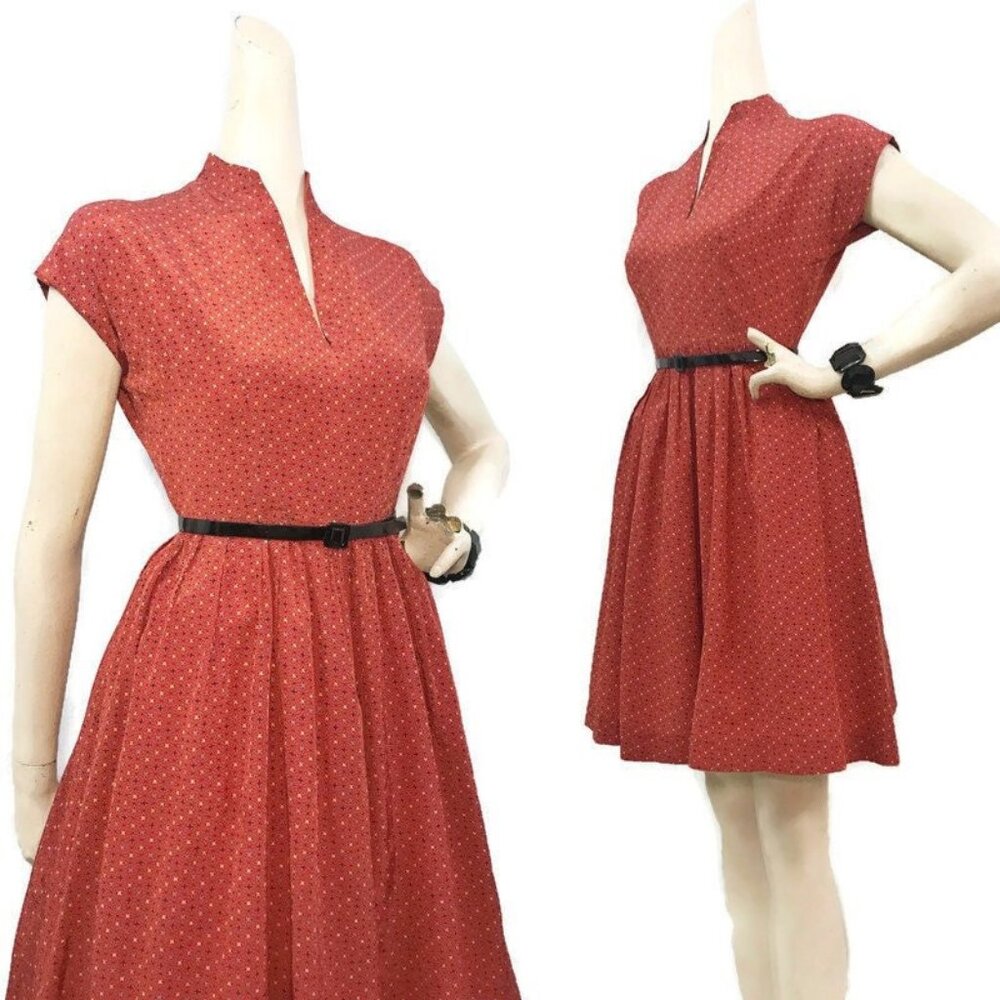 Vintage Dress 1950s 50s Starburst Print Rayon Full Skirt Orange Rockabilly